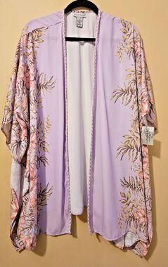 Catherines Kimono Womens 2X-3X purple Flower Open Front, cording, NWT